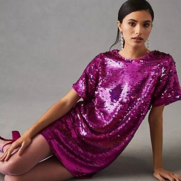 Verb Dresses & Skirts - Anthropologie Verb By Pallavi Singhee Pink Sequin Shift Dress PTP 20 Length 35